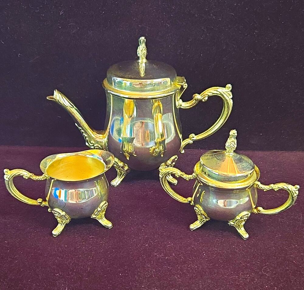 Vintage Miniature Silver Plated 3 Pc Tea Set Coffee Pot Creamer Sugar Bowl
